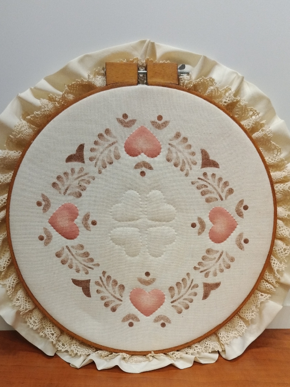Handmade Heart Stencil Embroidery Hoop – Cream and Soft Terracottas 14.5"